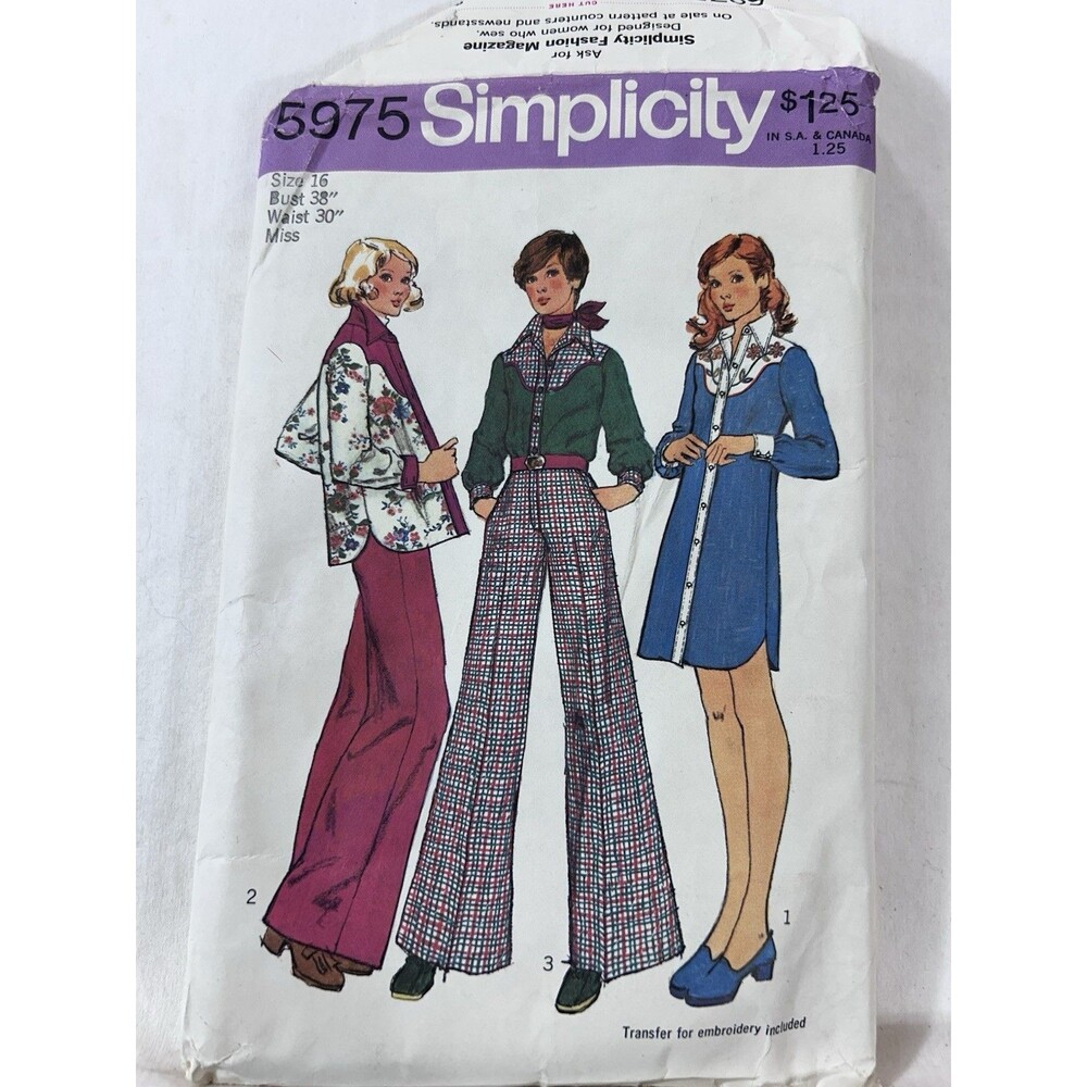 VTG Western Yoked Dress Cowgirl Shirt Pattern Simplicity 5975 Sz 16 From 1970's